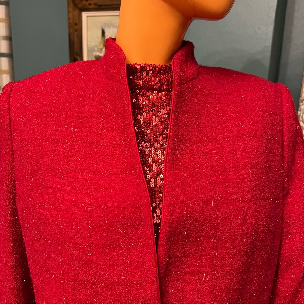 KASPER Red Sparkle Tweed Plaid Petite Skirt Suit - Picture 6 of 17